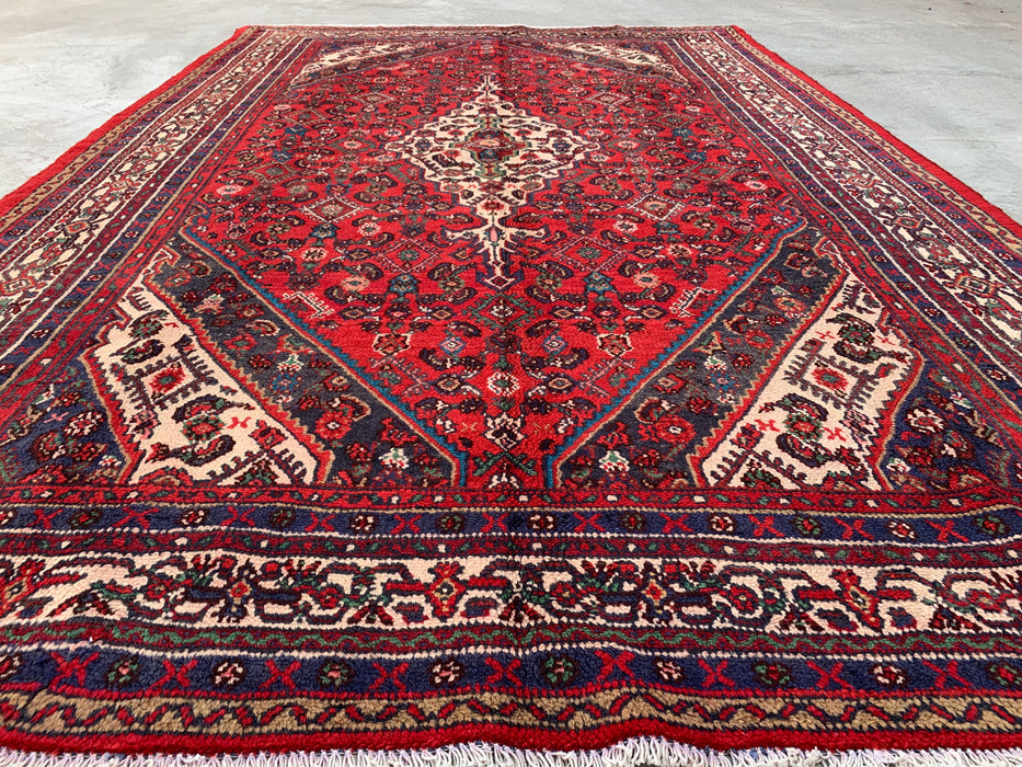 Handmade Persian Wool Area Rug 7x10 - Red, Ivory & Navy Traditional Medallion Persian Style Rug - Exact Size 10'3" x 6'8" - KBHM-1176