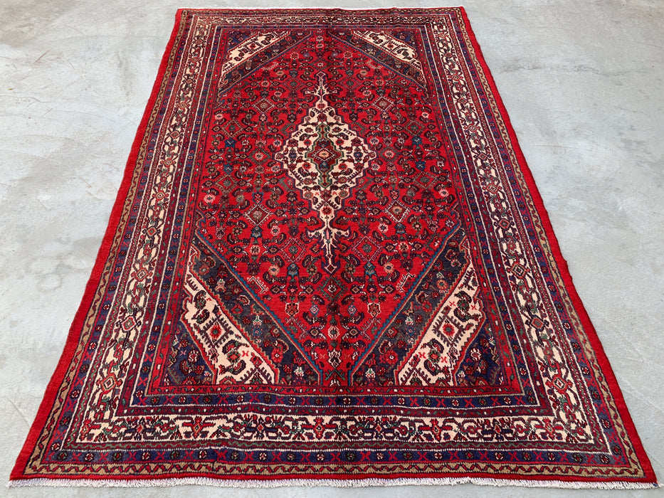 Handmade Persian Wool Area Rug 7x10 - Red, Ivory & Navy Traditional Medallion Persian Style Rug - Exact Size 10'3" x 6'8" - KBHM-1176