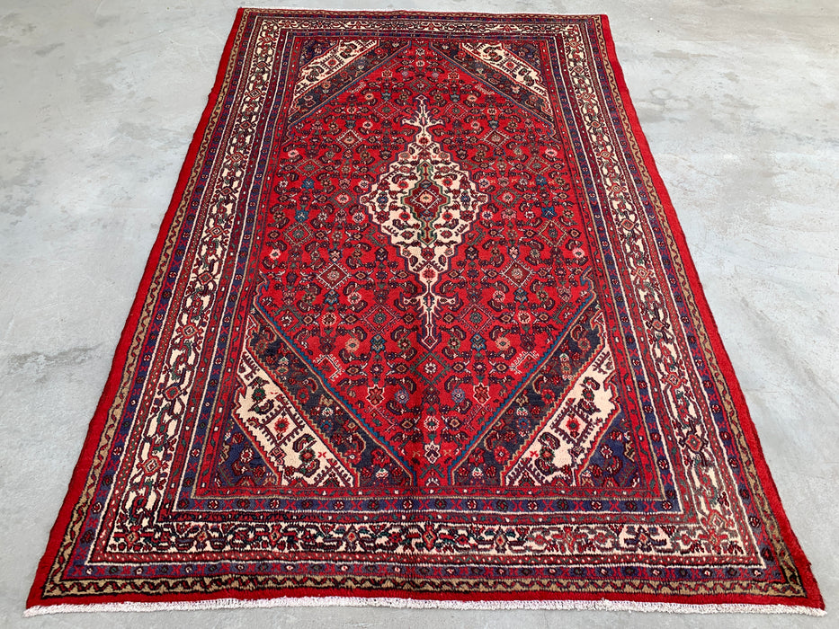 Handmade Persian Wool Area Rug 7x10 - Red, Ivory & Navy Traditional Medallion Persian Style Rug - Exact Size 10'3" x 6'8" - KBHM-1176