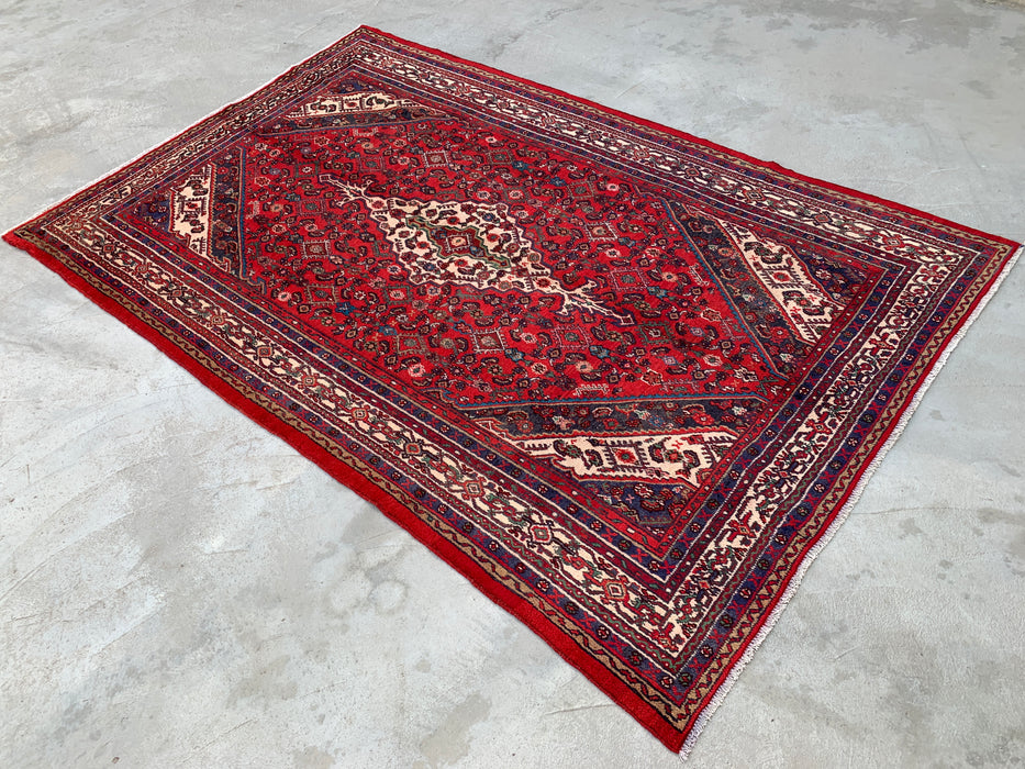 Handmade Persian Wool Area Rug 7x10 - Red, Ivory & Navy Traditional Medallion Persian Style Rug - Exact Size 10'3" x 6'8" - KBHM-1176