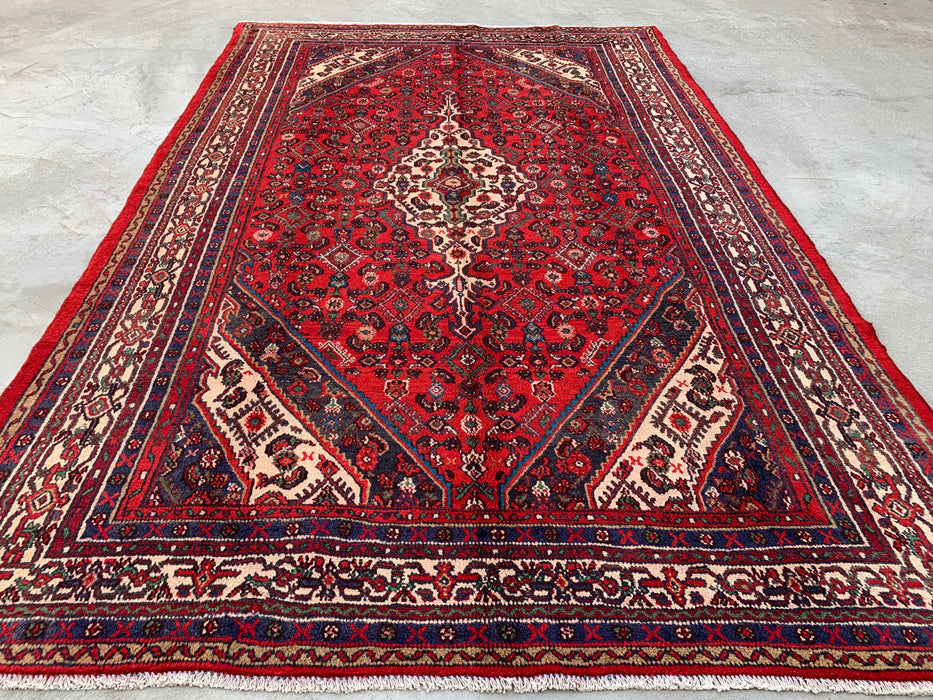 Handmade Persian Wool Area Rug 7x10 - Red, Ivory & Navy Traditional Medallion Persian Style Rug - Exact Size 10'3" x 6'8" - KBHM-1176