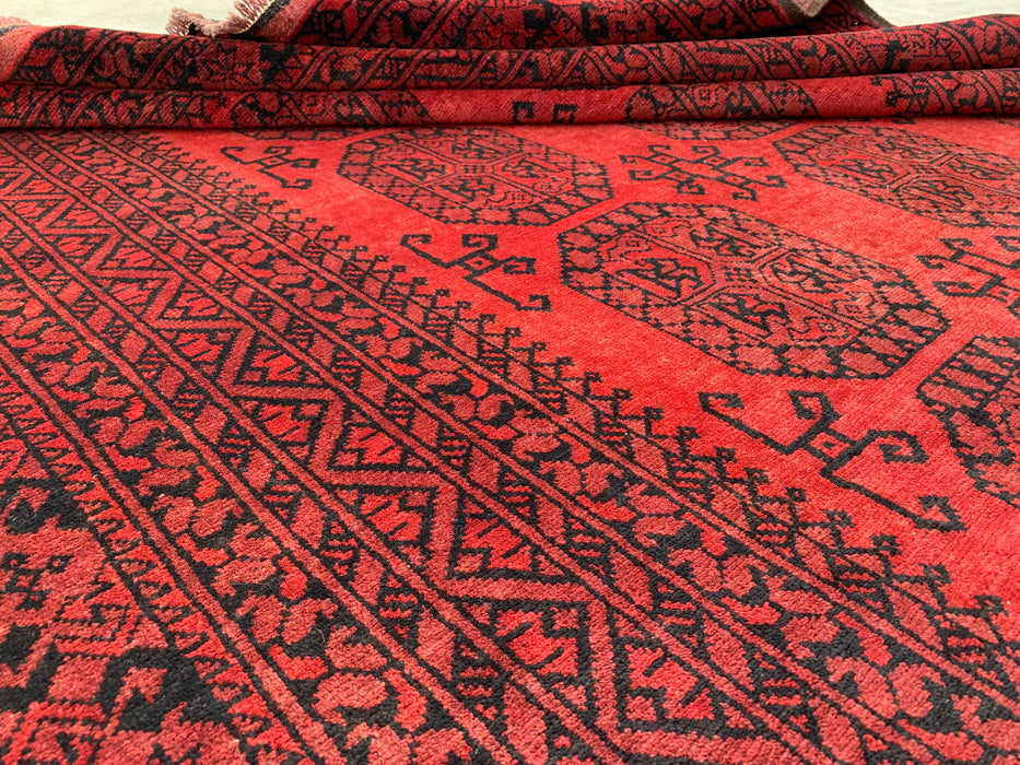 Handmade Persian Wool Area Rug 7x10 - Deep Red & Black Geometric Persian Style Rug - Exact Size 9'7" x 6'9" - KBHM-1203