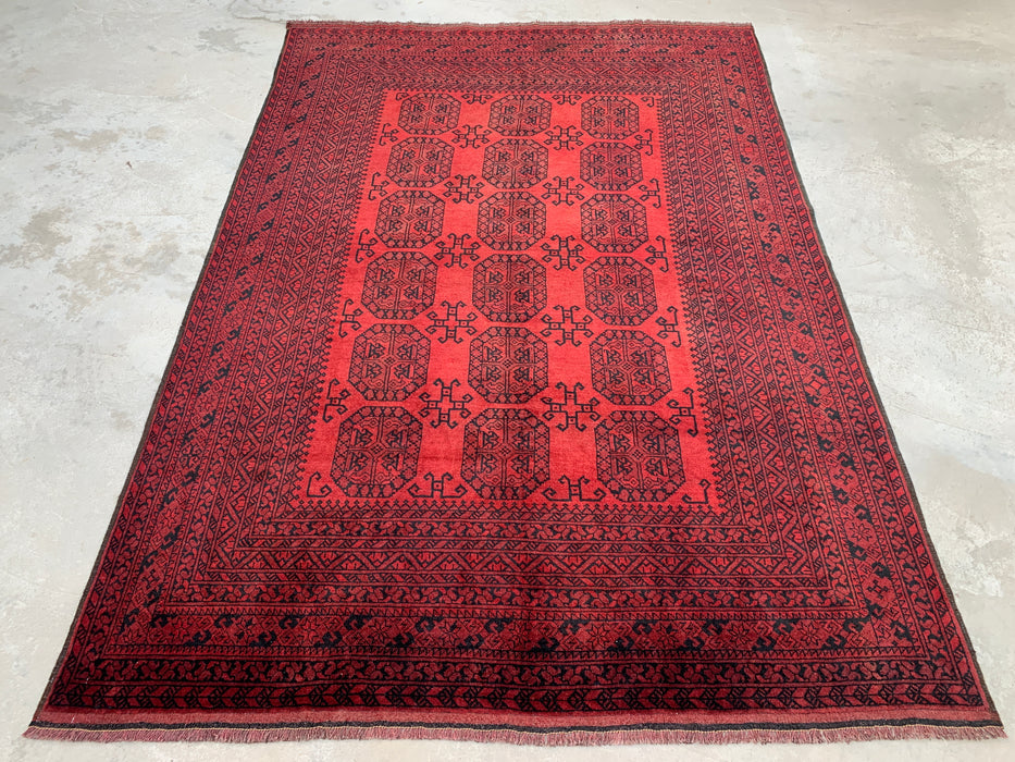 Handmade Persian Wool Area Rug 7x10 - Deep Red & Black Geometric Persian Style Rug - Exact Size 9'7" x 6'9" - KBHM-1203