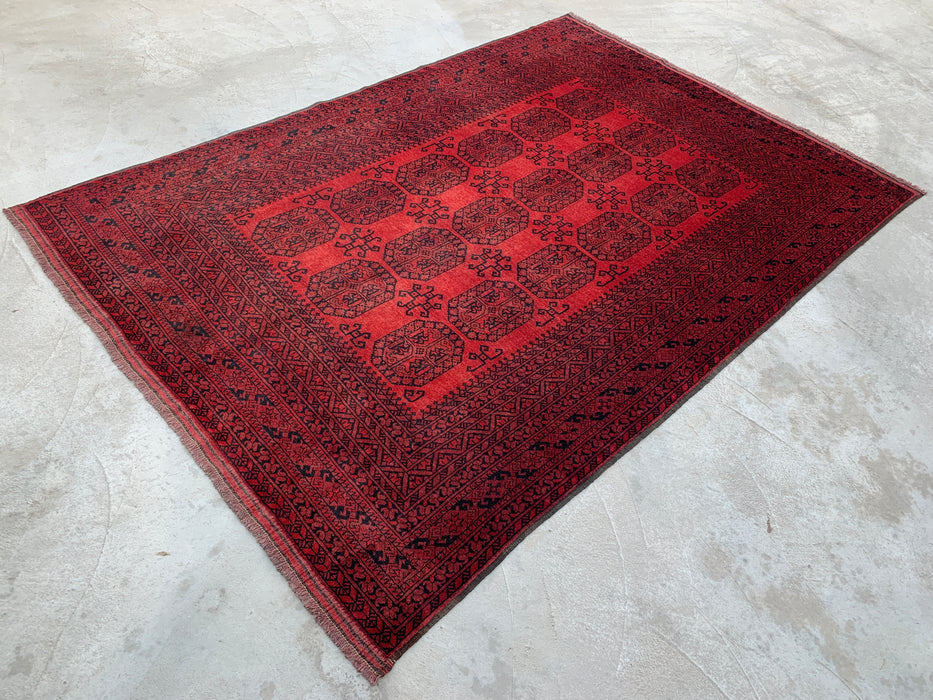 Handmade Persian Wool Area Rug 7x10 - Deep Red & Black Geometric Persian Style Rug - Exact Size 9'7" x 6'9" - KBHM-1203