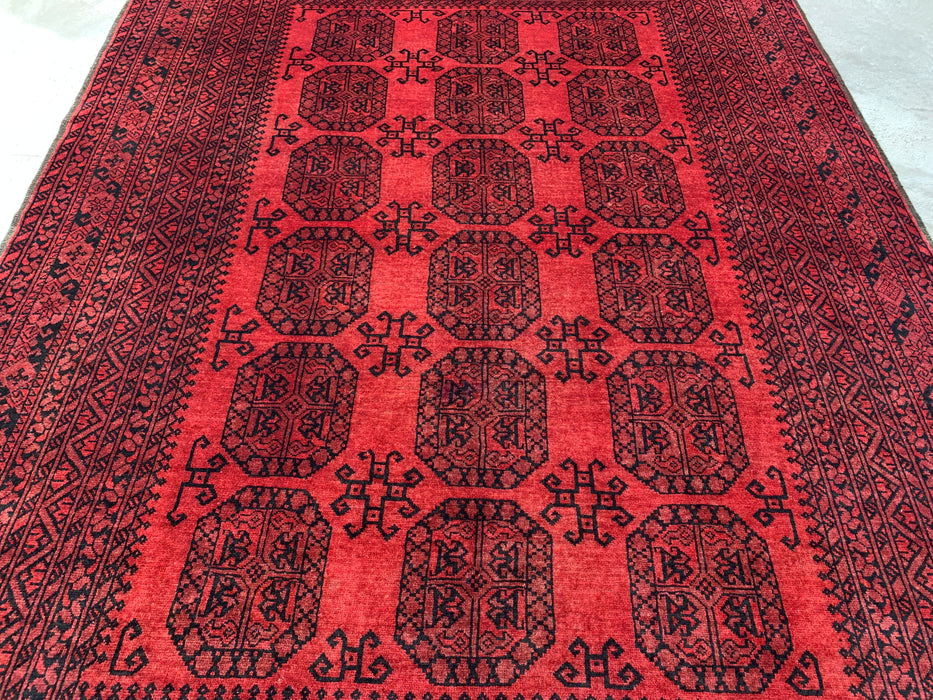 Handmade Persian Wool Area Rug 7x10 - Deep Red & Black Geometric Persian Style Rug - Exact Size 9'7" x 6'9" - KBHM-1203