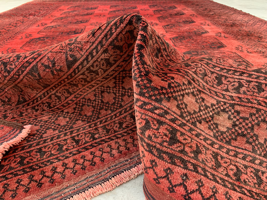 Handmade Persian Wool Area Rug 7x10 - Coral Red Geometric Persian Style Rug - Exact Size 9'10" x 7'1" - KBHM-1207