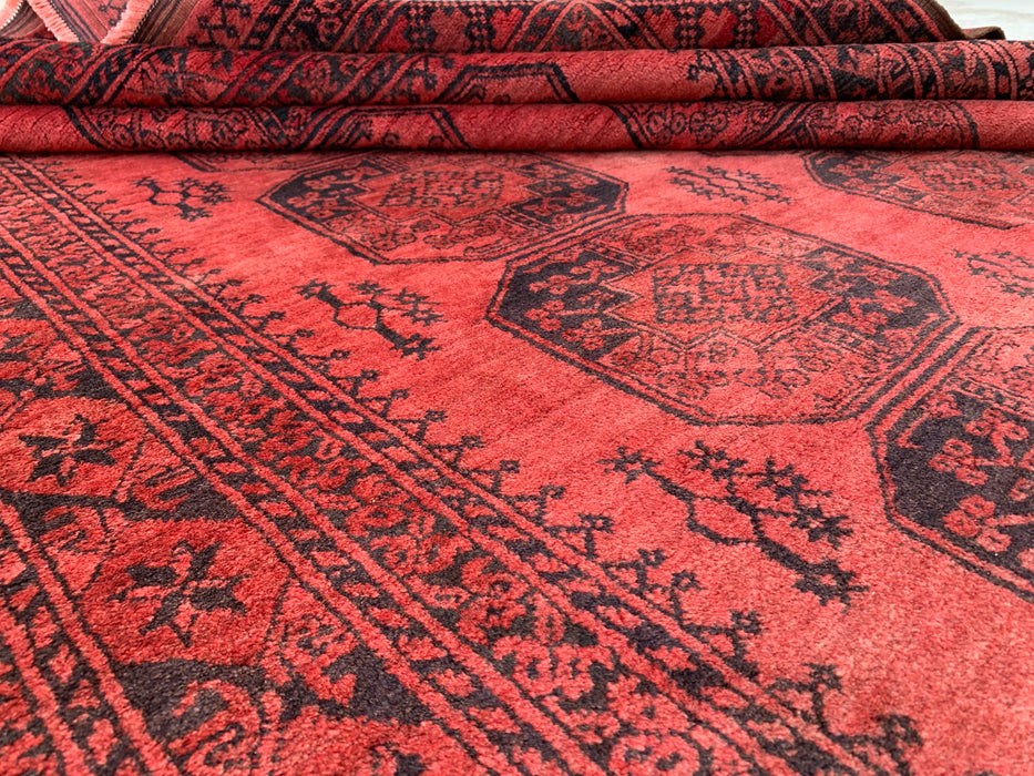 Handmade Persian Wool Area Rug 7x10 - Coral Red Geometric Persian Style Rug - Exact Size 9'10" x 7'1" - KBHM-1207