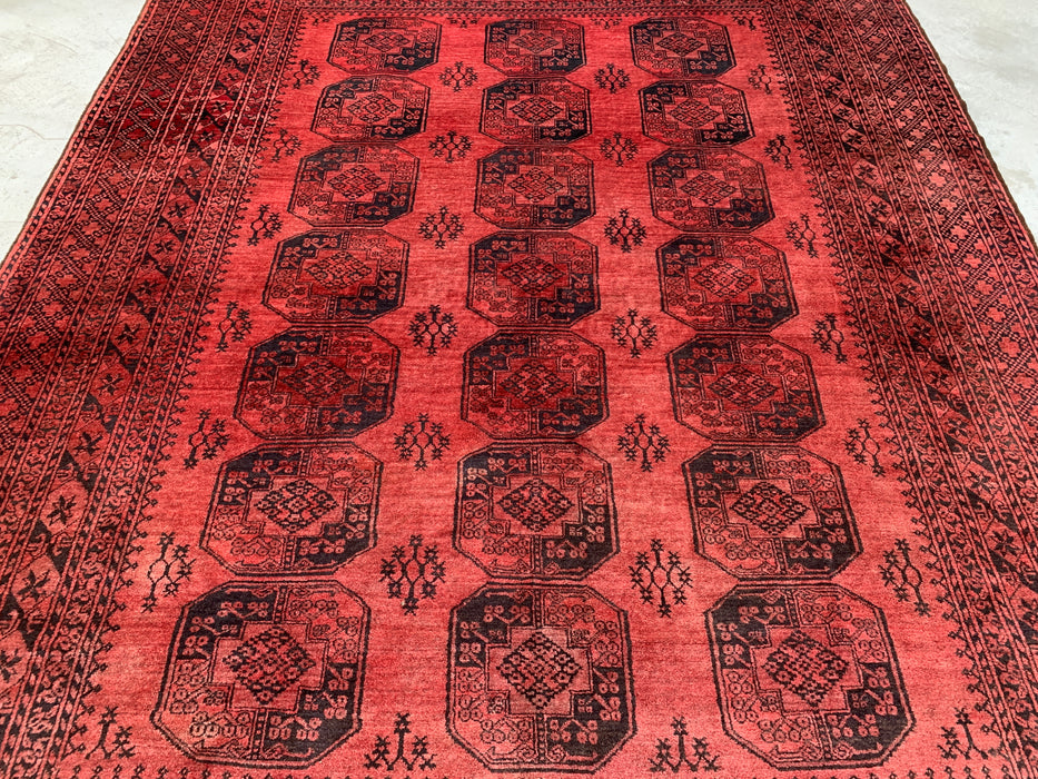 Handmade Persian Wool Area Rug 7x10 - Coral Red Geometric Persian Style Rug - Exact Size 9'10" x 7'1" - KBHM-1207