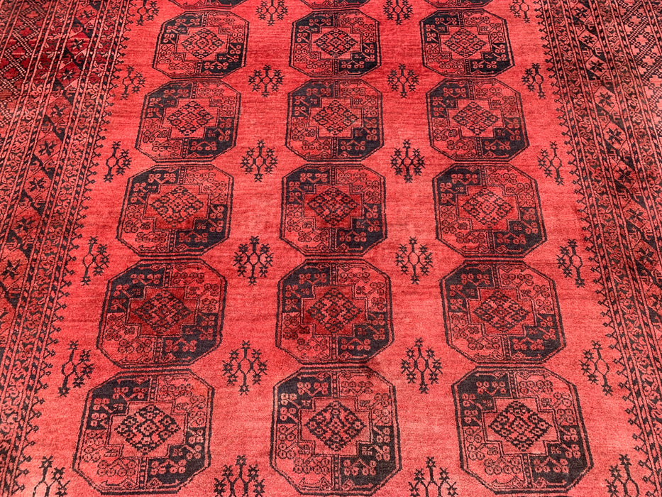 Handmade Persian Wool Area Rug 7x10 - Coral Red Geometric Persian Style Rug - Exact Size 9'10" x 7'1" - KBHM-1207