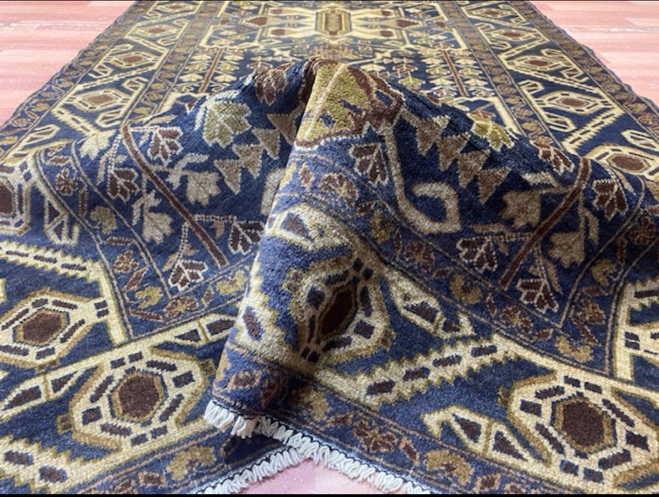 3’9” x 6’8” Hand-Knotted Tribal Wool Rug – Navy & Beige Geometric Pattern