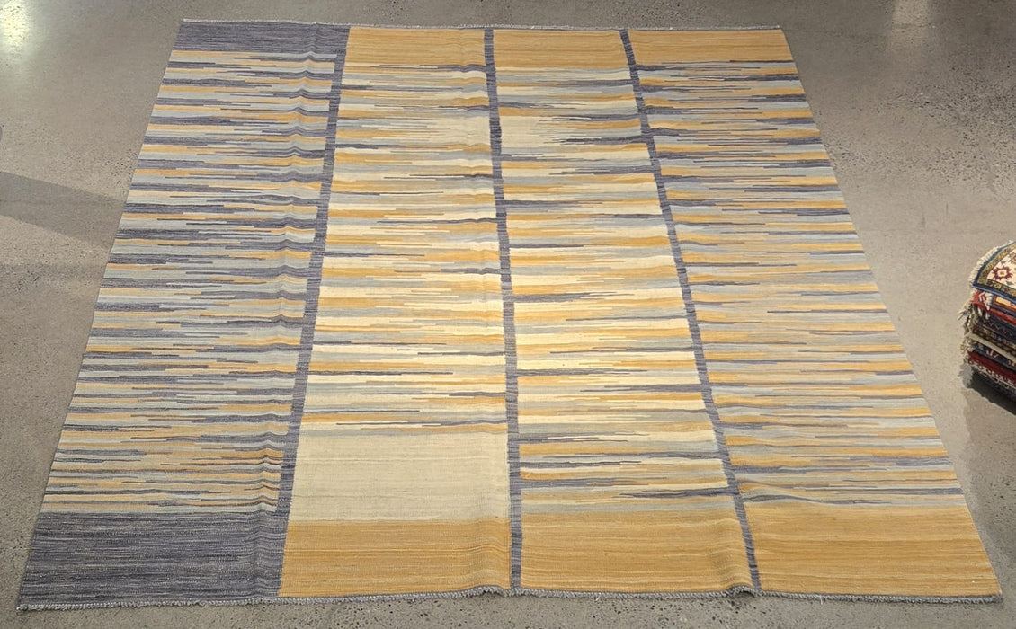 Handwoven Wool Kilim Area Rug – Grey / Gold Striped Panel – 8'1" x 10'2"