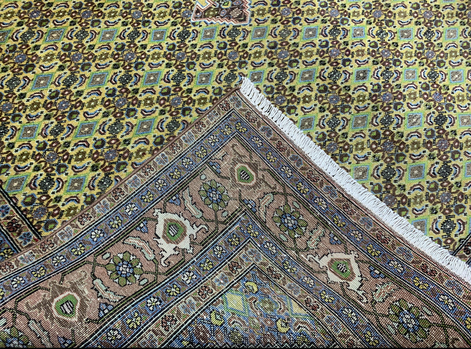 6’6” × 9’4” Hand-Knotted Wool Rug – Olive Green with Blue & Taupe Accents