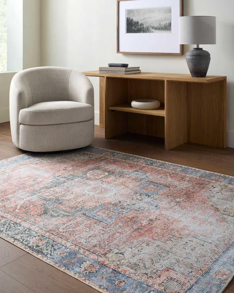Amelie Machine Washable Rug — Rust / Pale Blue | AML-2309 - colour & pattern