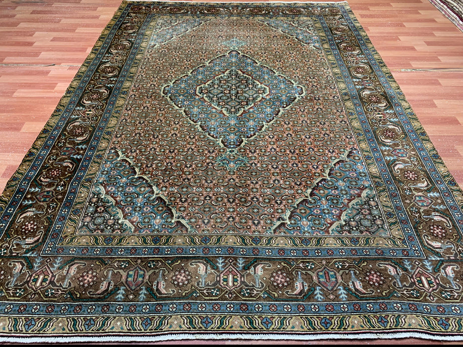 6’5” x 9’2” Hand-Knotted Persian Wool Rug – Brown & Teal Medallion Design