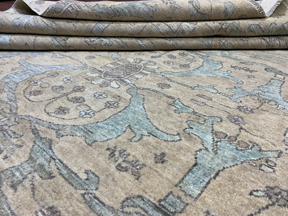 8'0" x 9’9 Hand-Knotted Chobi Wool Rug – Subtle Beige & Soft Blue Elegance