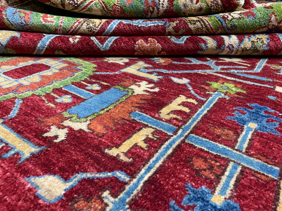 6’6 x 9’8' Hand-Knotted Kazak Wool Rug – Red & Green Tribal Design