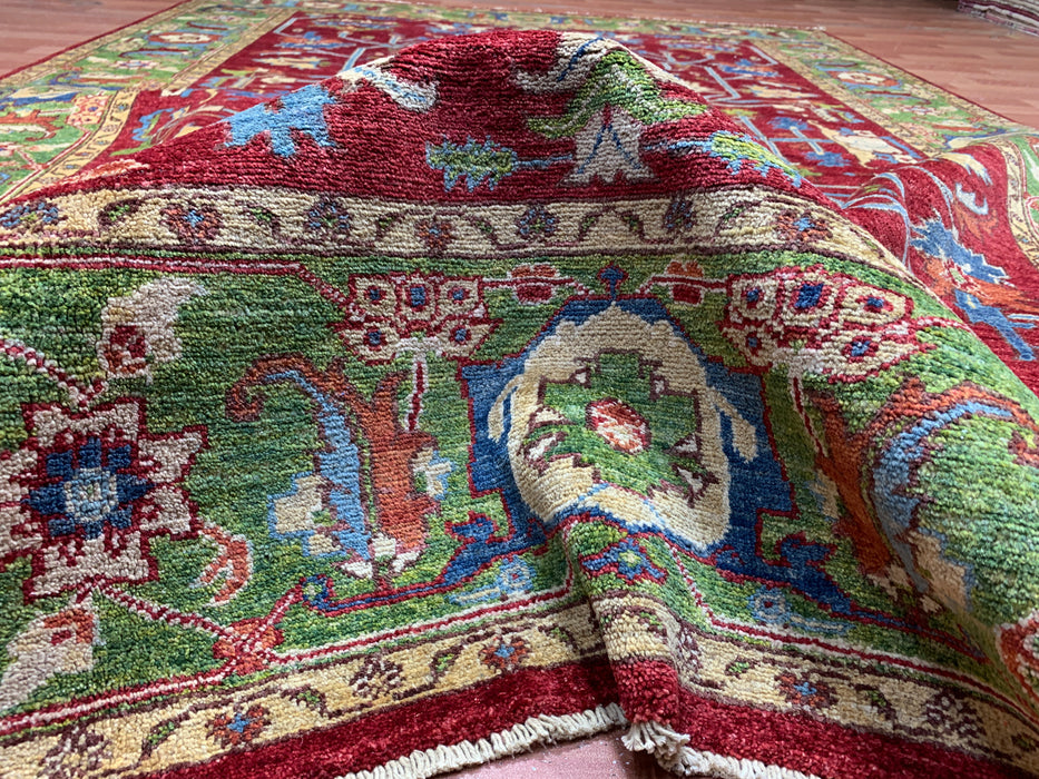 6’6 x 9’8' Hand-Knotted Kazak Wool Rug – Red & Green Tribal Design