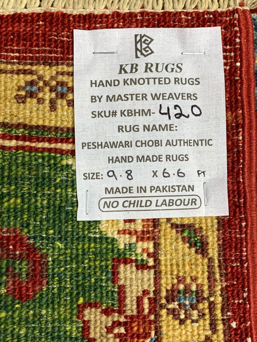 6’6 x 9’8' Hand-Knotted Kazak Wool Rug – Red & Green Tribal Design