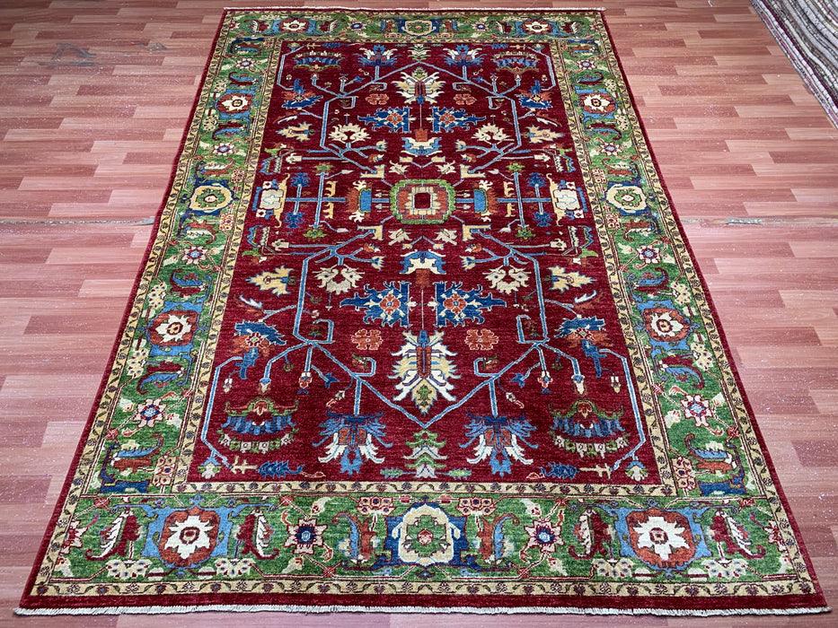 6’6 x 9’8' Hand-Knotted Kazak Wool Rug – Red & Green Tribal Design