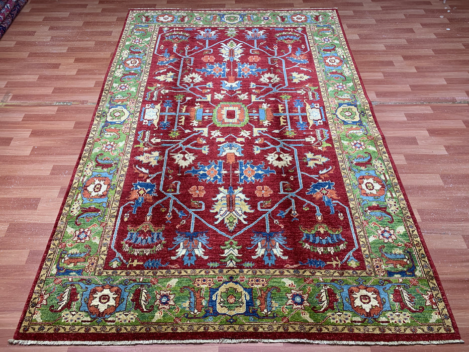 6’6 x 9’8' Hand-Knotted Kazak Wool Rug – Red & Green Tribal Design