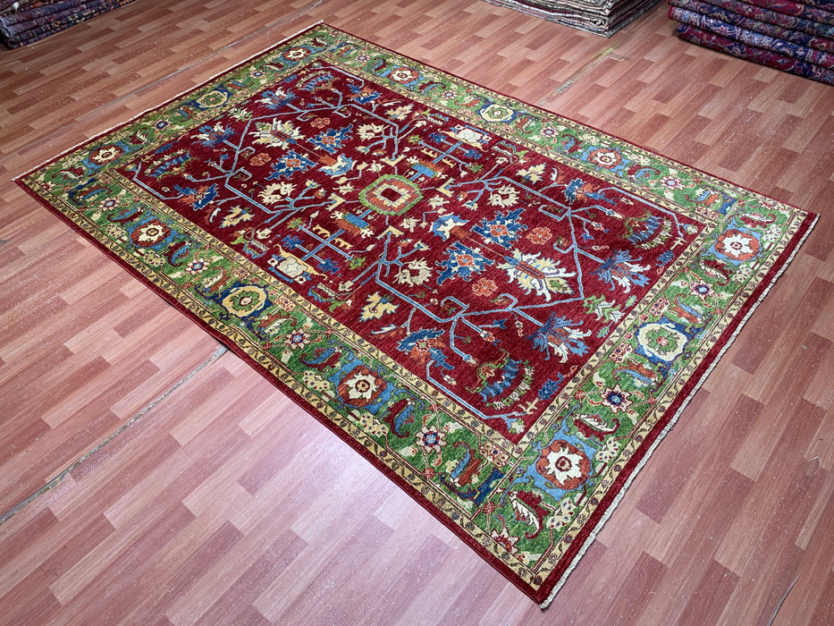 6’6 x 9’8' Hand-Knotted Kazak Wool Rug – Red & Green Tribal Design