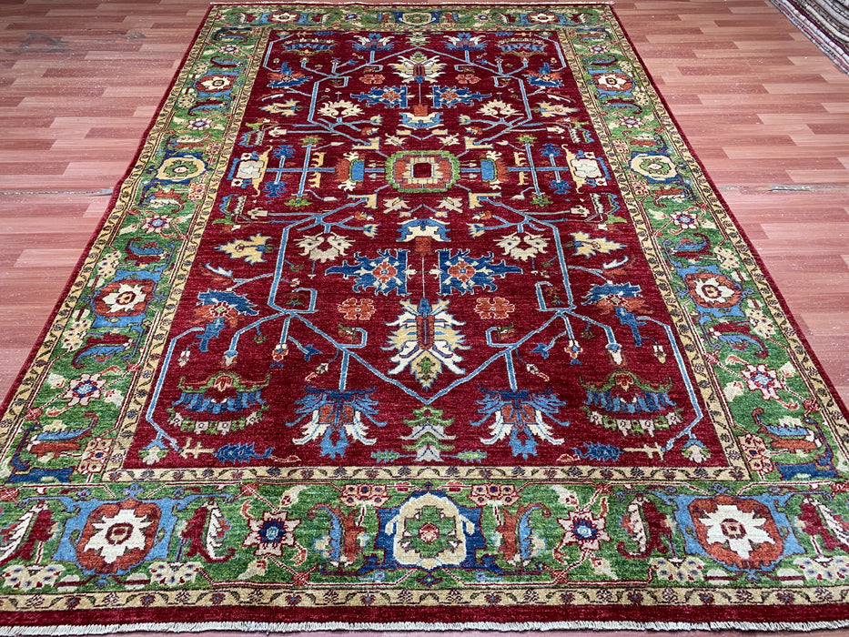 6’6 x 9’8' Hand-Knotted Kazak Wool Rug – Red & Green Tribal Design