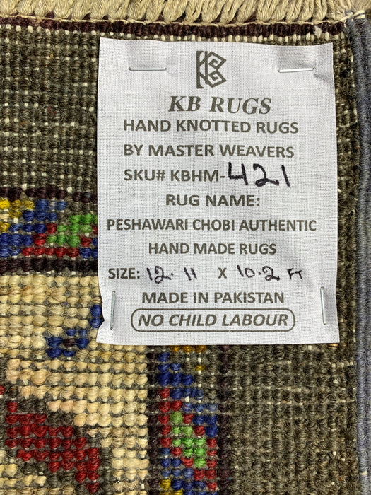 10' x 13' Hand-Knotted Chobi Oushak Wool Rug – Charcoal with Multicolor Floral & Tribal Motifs