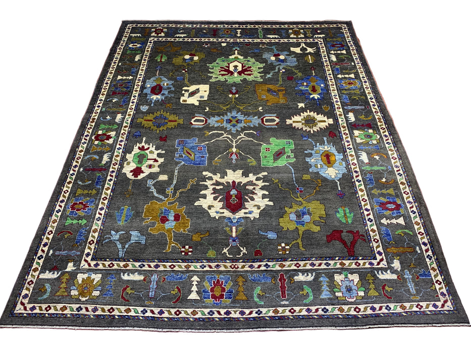 10' x 13' Hand-Knotted Chobi Oushak Wool Rug – Charcoal with Multicolor Floral & Tribal Motifs