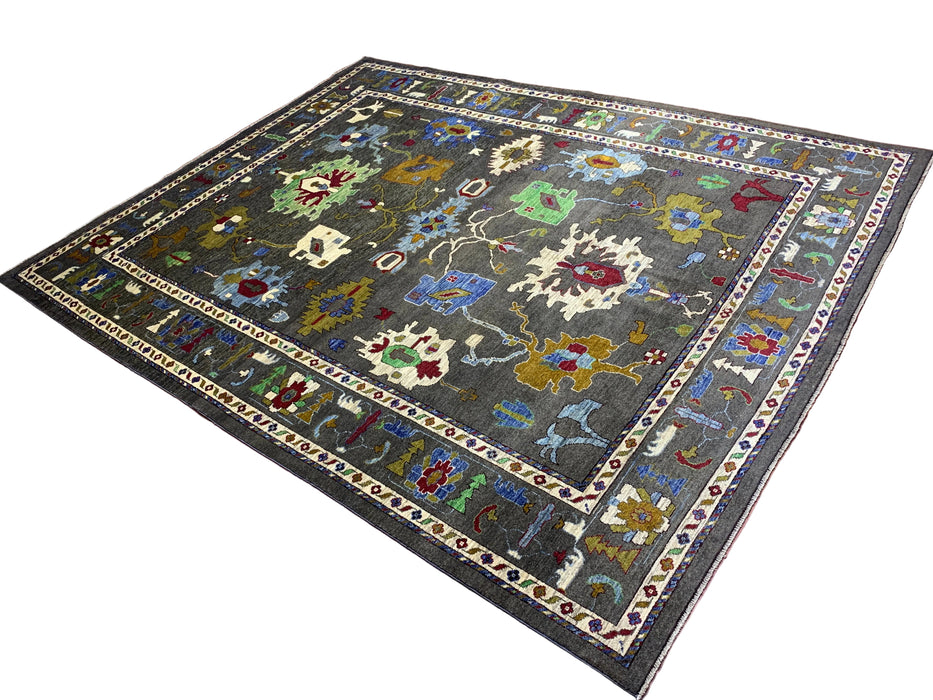10' x 13' Hand-Knotted Chobi Oushak Wool Rug – Charcoal with Multicolor Floral & Tribal Motifs