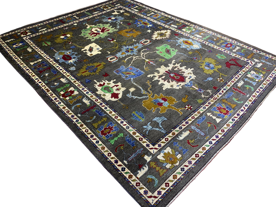 10' x 13' Hand-Knotted Chobi Oushak Wool Rug – Charcoal with Multicolor Floral & Tribal Motifs