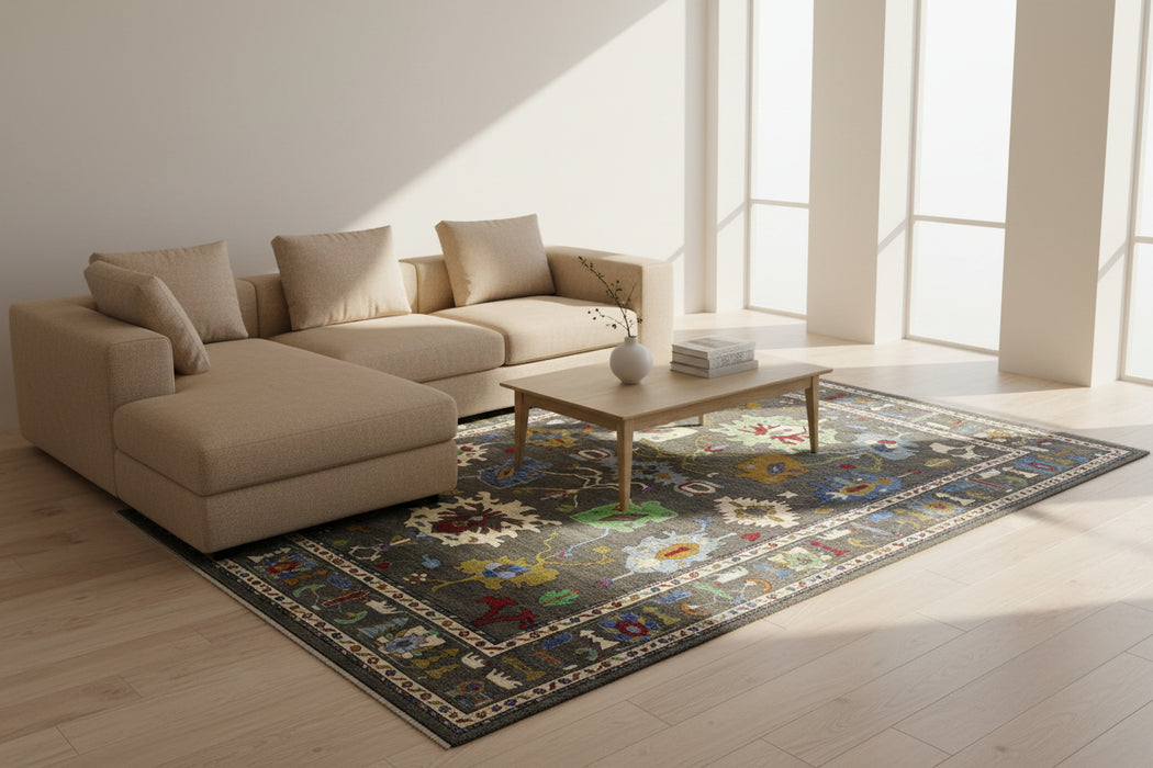 10' x 13' Hand-Knotted Chobi Oushak Wool Rug – Charcoal with Multicolor Floral & Tribal Motifs