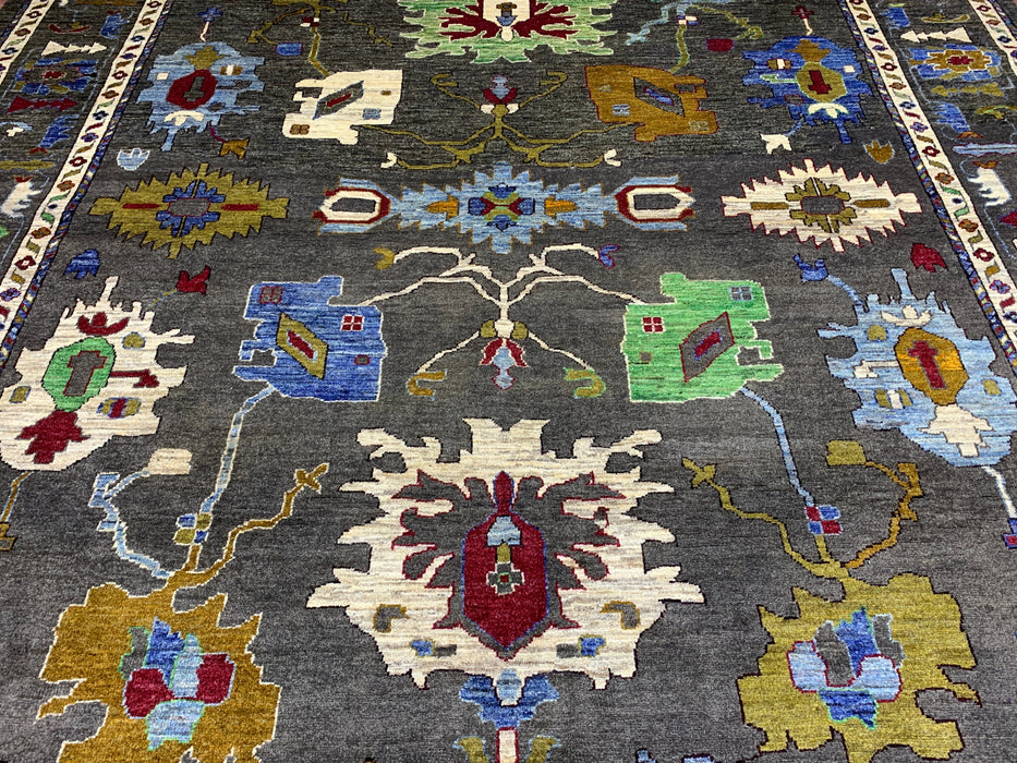 10' x 13' Hand-Knotted Chobi Oushak Wool Rug – Charcoal with Multicolor Floral & Tribal Motifs