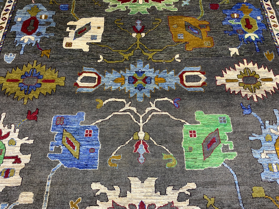 10' x 13' Hand-Knotted Chobi Oushak Wool Rug – Charcoal with Multicolor Floral & Tribal Motifs