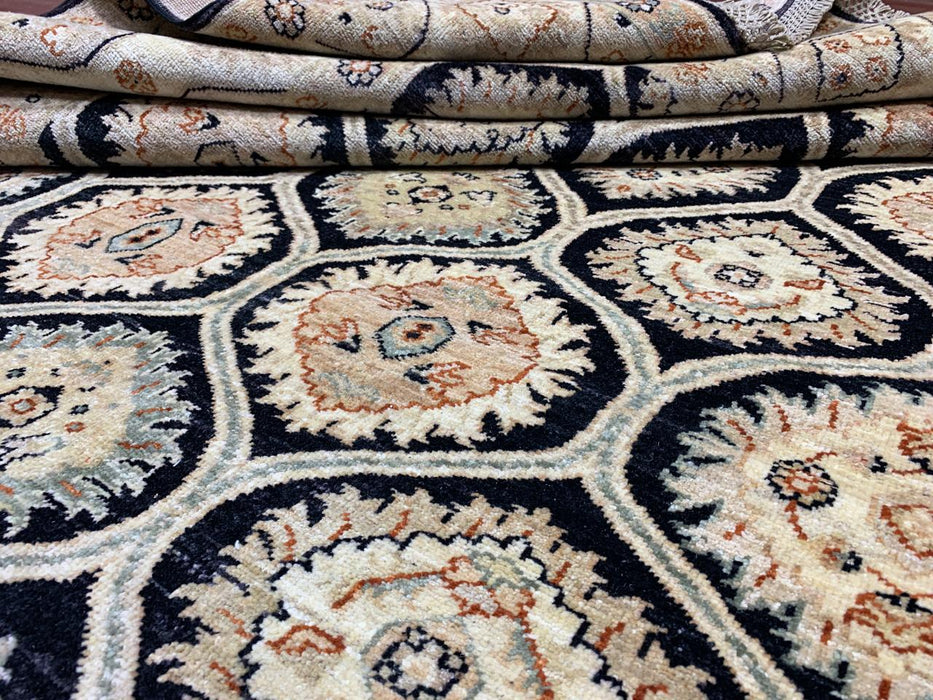 6’7 x 9’5' Hand-Knotted Wool Rug – Black Field with Ivory/Beige Border