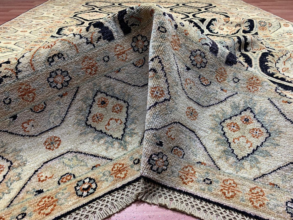 6’7 x 9’5' Hand-Knotted Wool Rug – Black Field with Ivory/Beige Border