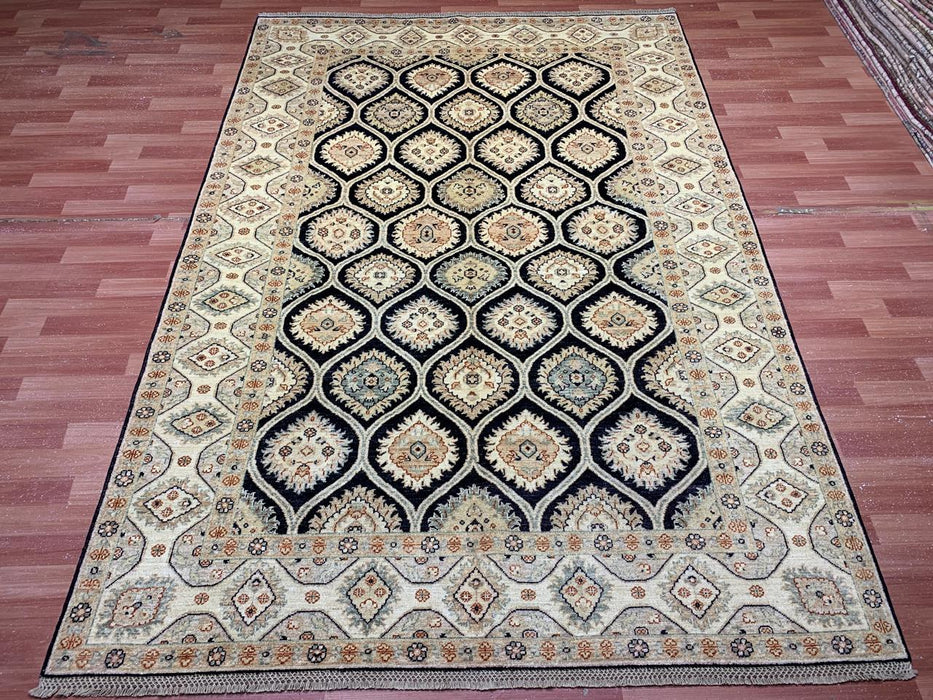 6’7 x 9’5' Hand-Knotted Wool Rug – Black Field with Ivory/Beige Border
