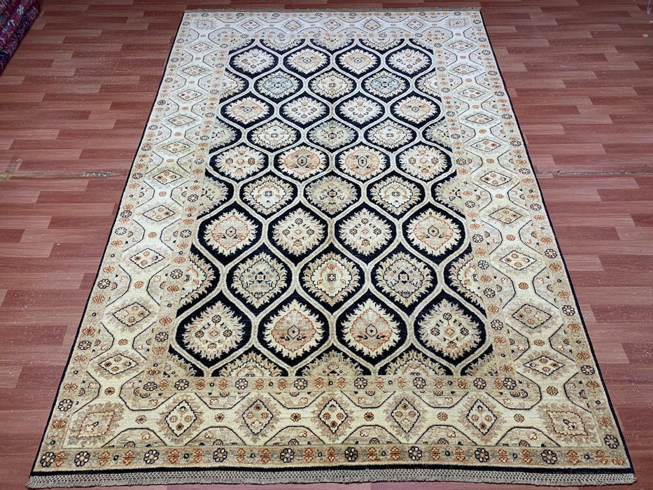 6’7 x 9’5' Hand-Knotted Wool Rug – Black Field with Ivory/Beige Border