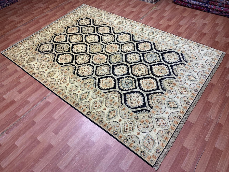 6’7 x 9’5' Hand-Knotted Wool Rug – Black Field with Ivory/Beige Border