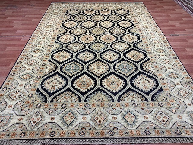 6’7 x 9’5' Hand-Knotted Wool Rug – Black Field with Ivory/Beige Border