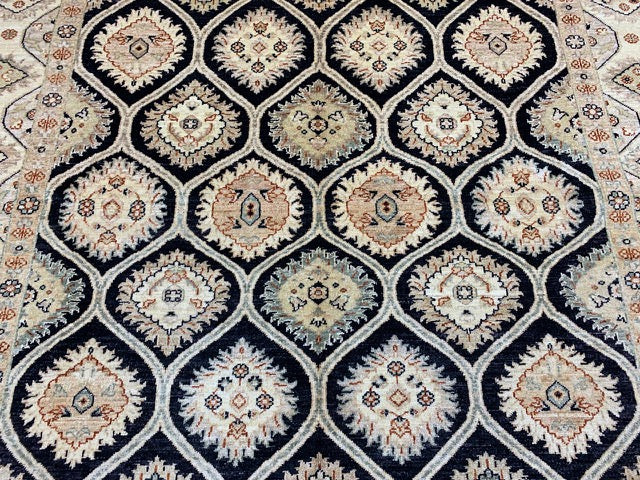 6’7 x 9’5' Hand-Knotted Wool Rug – Black Field with Ivory/Beige Border
