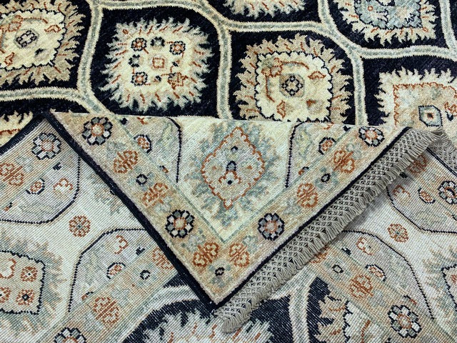 6’7 x 9’5' Hand-Knotted Wool Rug – Black Field with Ivory/Beige Border