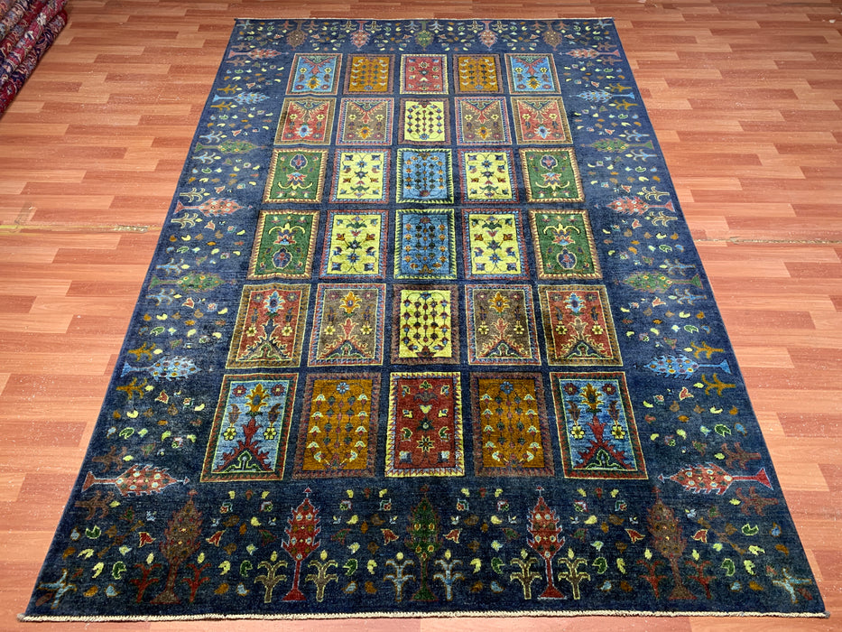 Ultra-Rare 6’7 x 9’9' Hand-Knotted Chobi Wool Rug – Blue Garden Panel Design