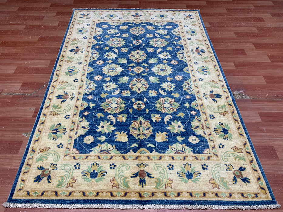 4' × 6' Hand-Knotted Ziegler Wool Rug – Black with Blue & Gold Floral Border