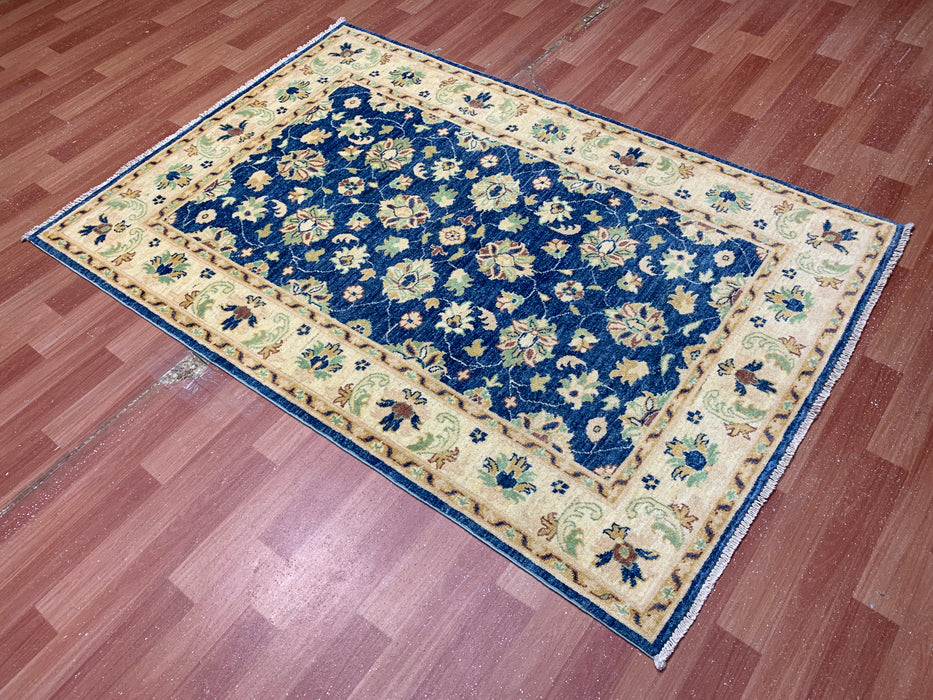 4' × 6' Hand-Knotted Ziegler Wool Rug – Black with Blue & Gold Floral Border