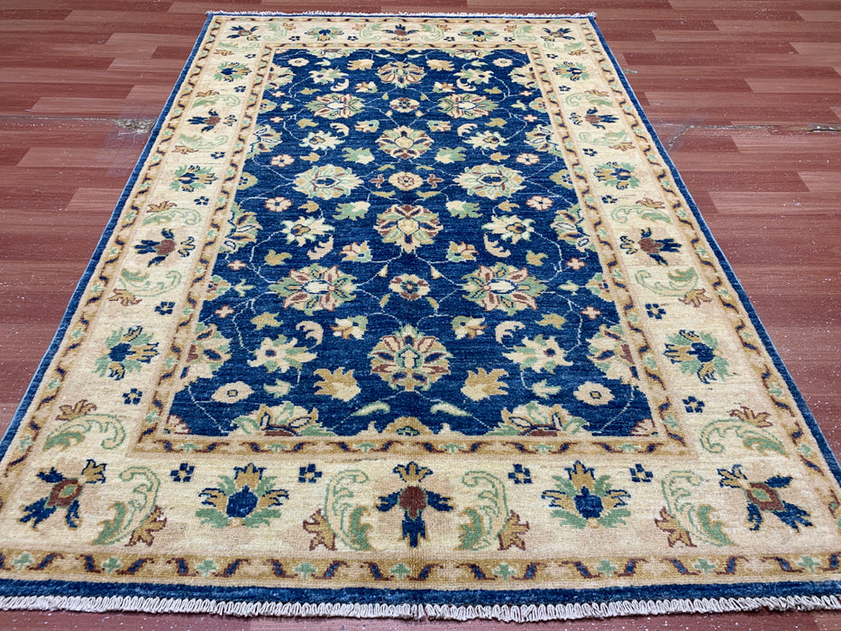 4' × 6' Hand-Knotted Ziegler Wool Rug – Black with Blue & Gold Floral Border