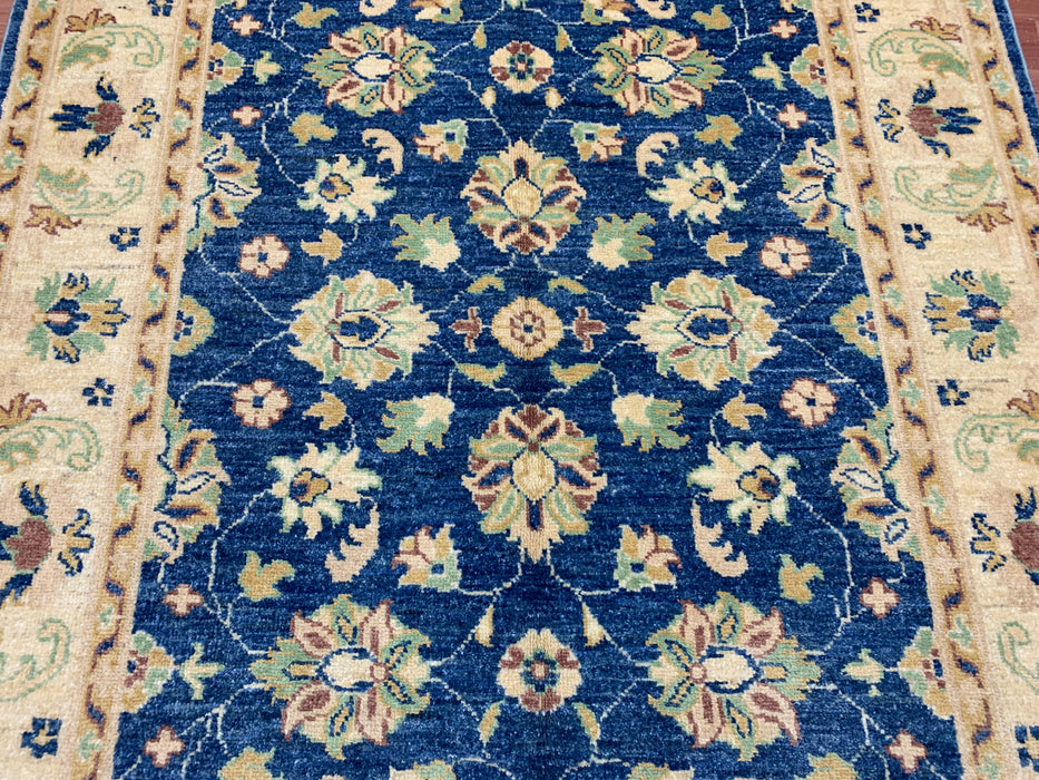 4' × 6' Hand-Knotted Ziegler Wool Rug – Black with Blue & Gold Floral Border