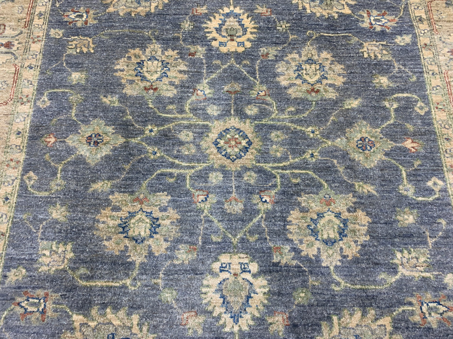 5'2" × 6'7" Hand-Knotted Ziegler Wool Rug – Slate Blue with Beige Floral Border