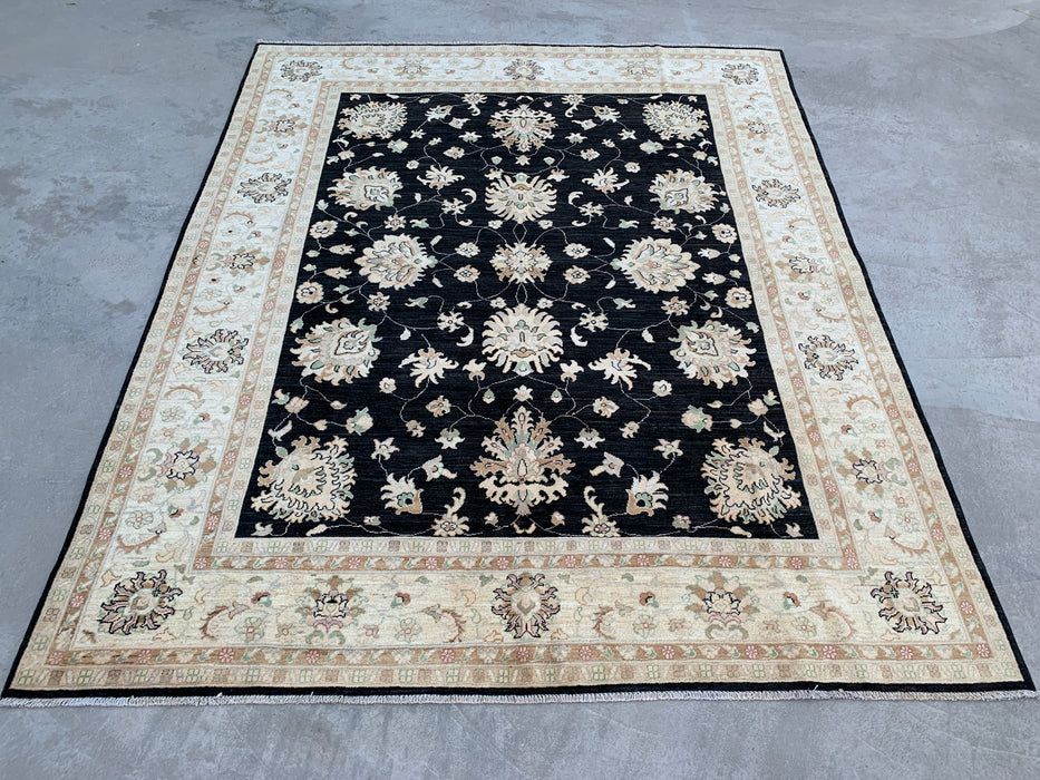 9'10 x 8'1 Hand-Knotted Peshawari Chobi Wool Rug - Black Traditional Floral Area Rug - KBHM-553