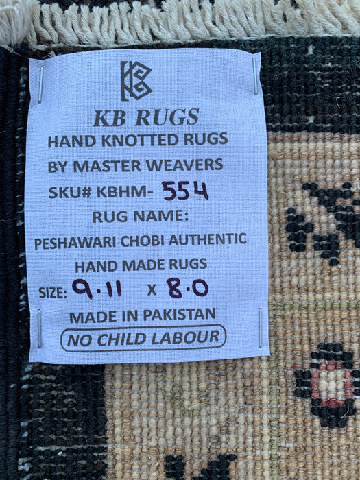 9'11 x 8'0 Hand-Knotted Peshawari Chobi Wool Rug - Black Traditional Floral Area Rug - KBHM-554