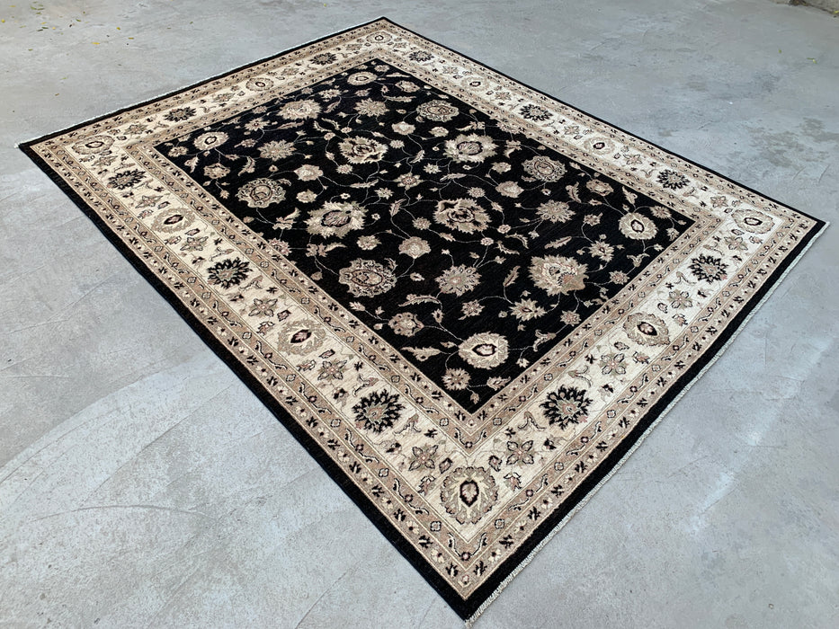 9'11 x 8'0 Hand-Knotted Peshawari Chobi Wool Rug - Black Traditional Floral Area Rug - KBHM-554